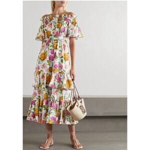 Borgo de Nor Margarita Off-the-shoulder Floral Cotton-poplin Midi Maxi Dress 6 S